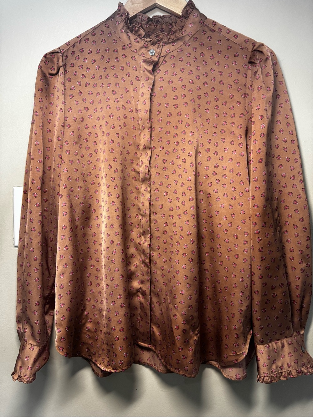 Ann Taylor Brown Button-Front Ruffled Collar Blouse with Pink Print L Officewear